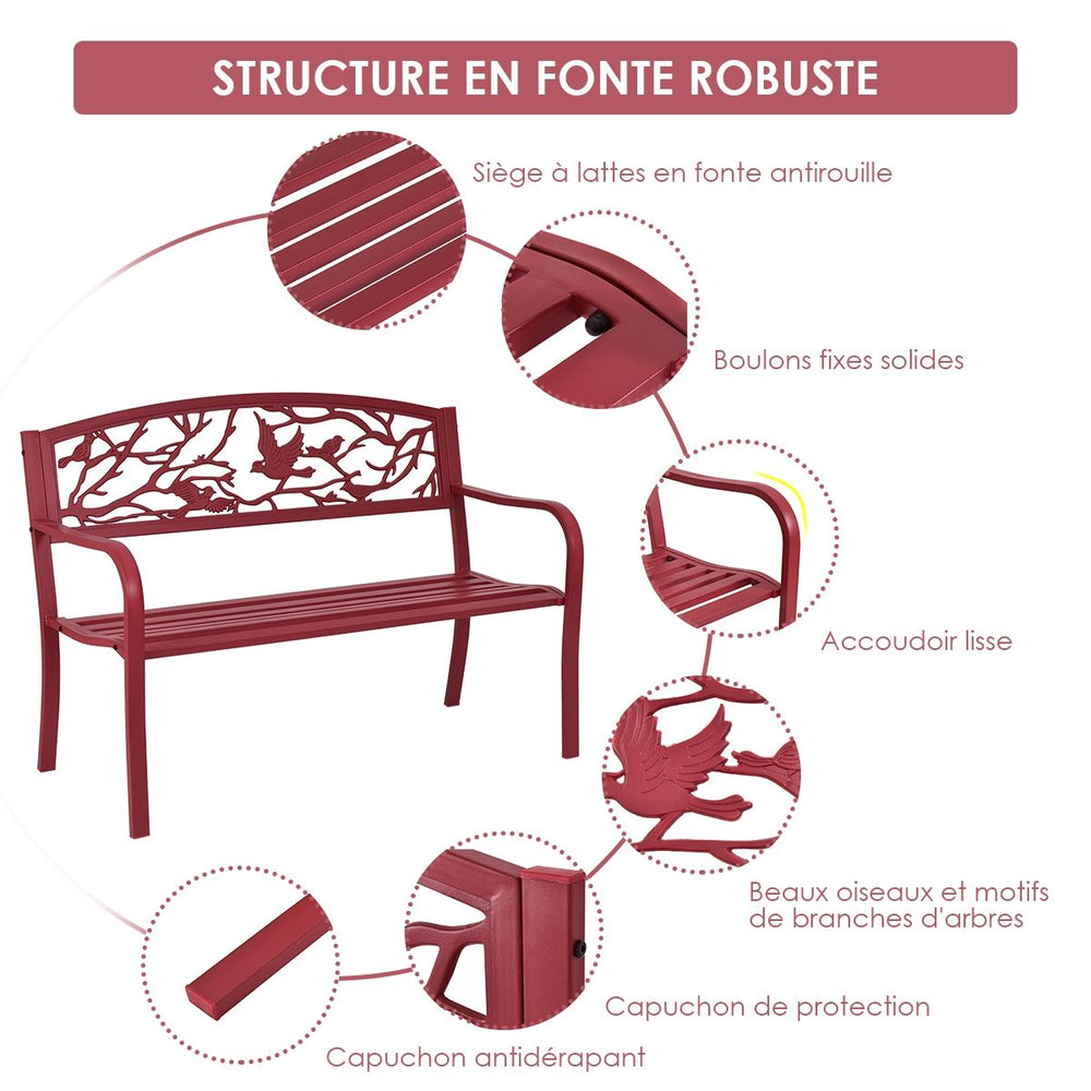 Banc de Jardin en Fer Résistant de Haute Qualité Style Contemporain 2-3 Places Parfait pour Extérieur 127x60x88cm Rouge -