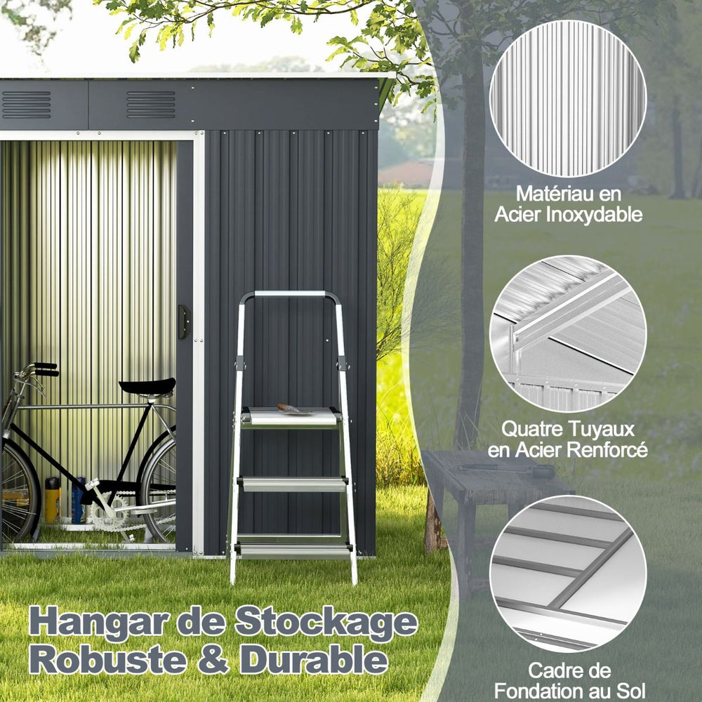 Abri de Jardin Métal 2,4 ㎡ Toit Monopente Cabane de Jardin 2 Portes Coulissantes Verrouillables Fondation 2 Trous d'Aération Gris -
