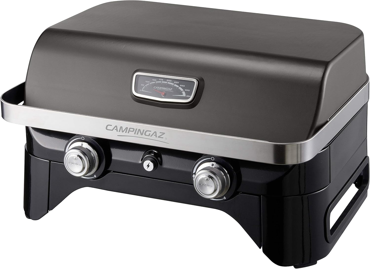 Attitude2go,Barbecue de Table  Faible fume,BBQ Portable, Couvercle,thermomtre,et Grille en Fonte,Alimentation : Cartouche de gaz CV 470 Plus,Gris