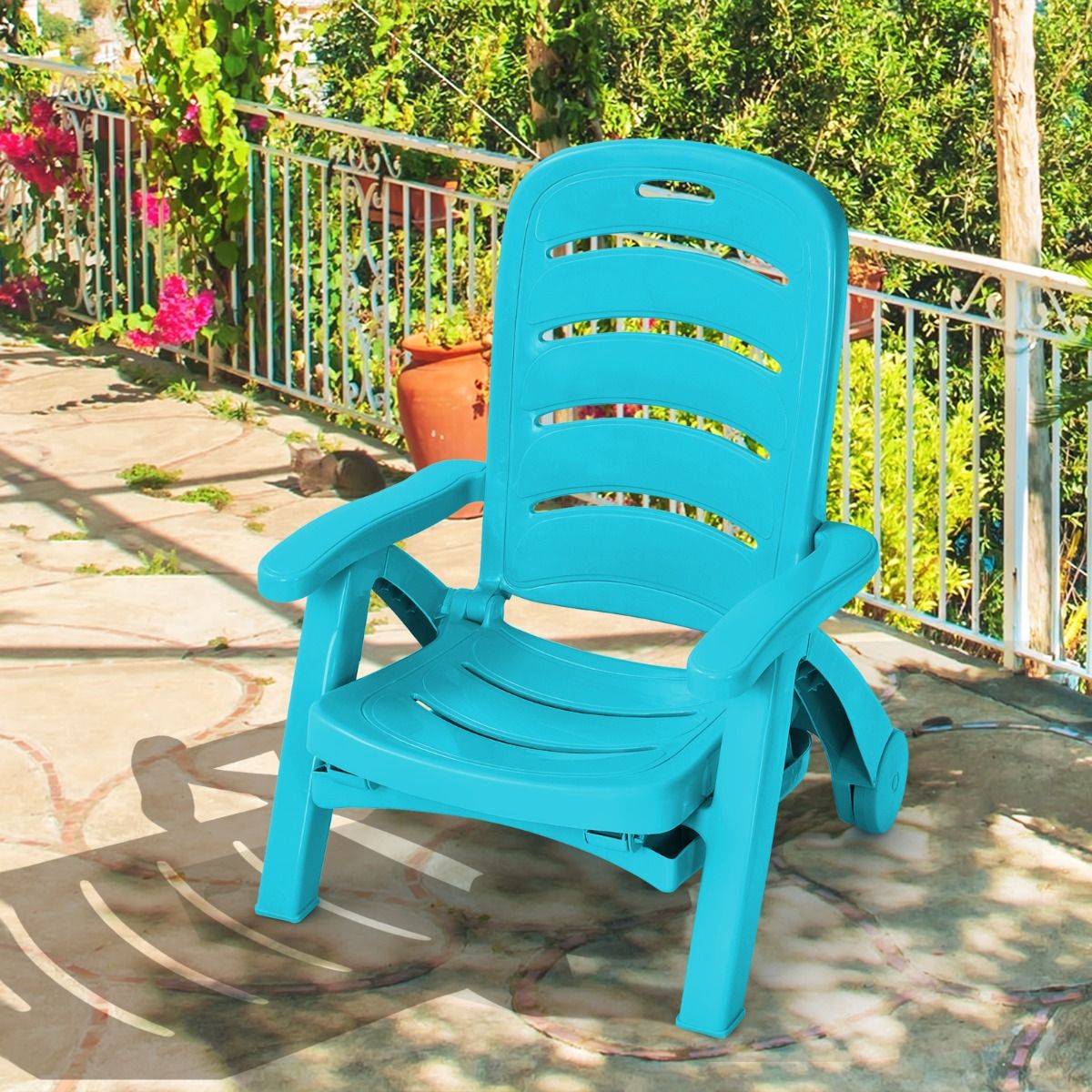 Chaise Longue Pliable Dossier Inclinable  5 Positions avec Roues Intgres pour Terrasse Jardin Piscine 150 kg Gris/Blanc/Bleu -