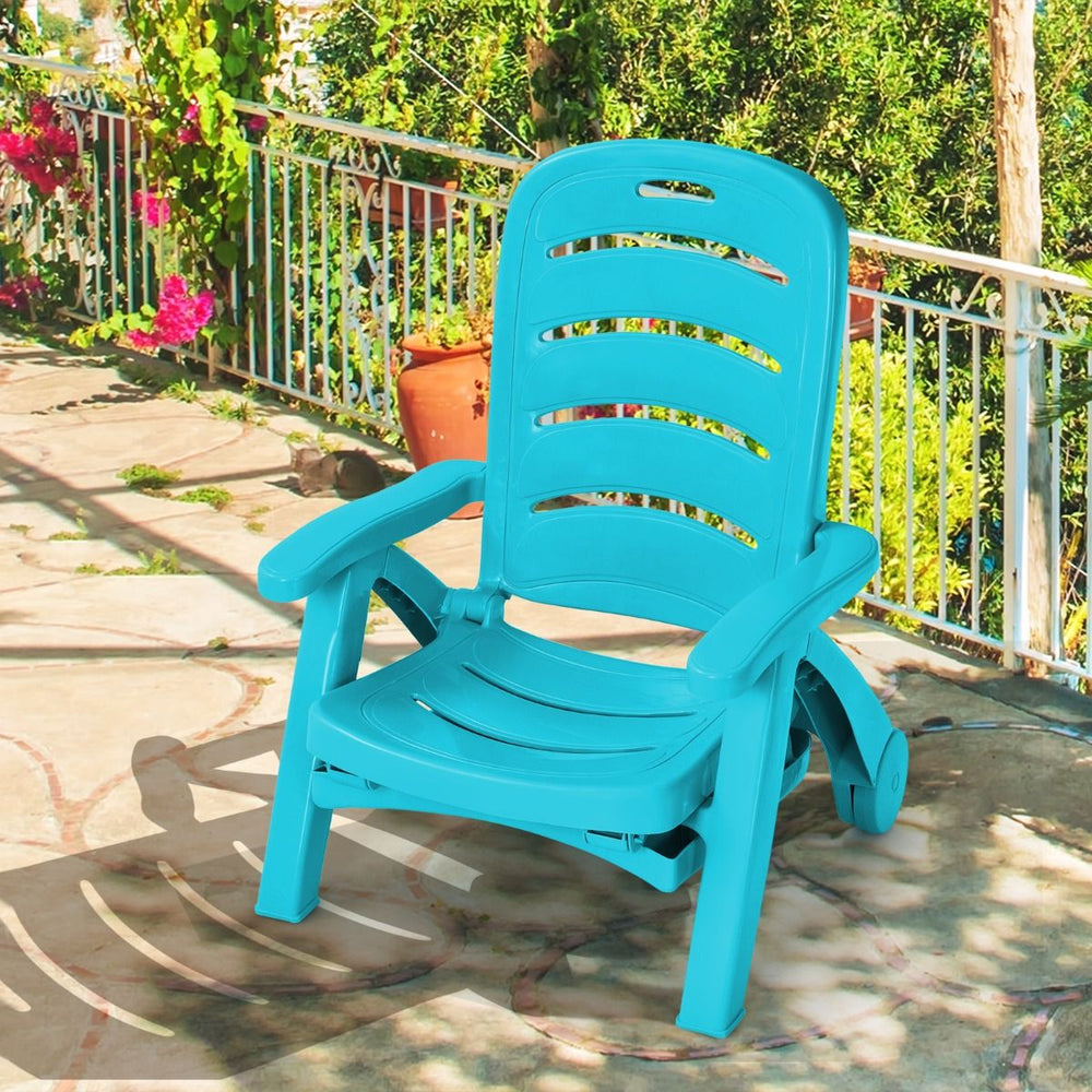 Chaise Longue Pliable Dossier Inclinable  5 Positions avec Roues Intgres pour Terrasse Jardin Piscine 150 kg Gris/Blanc/Bleu -