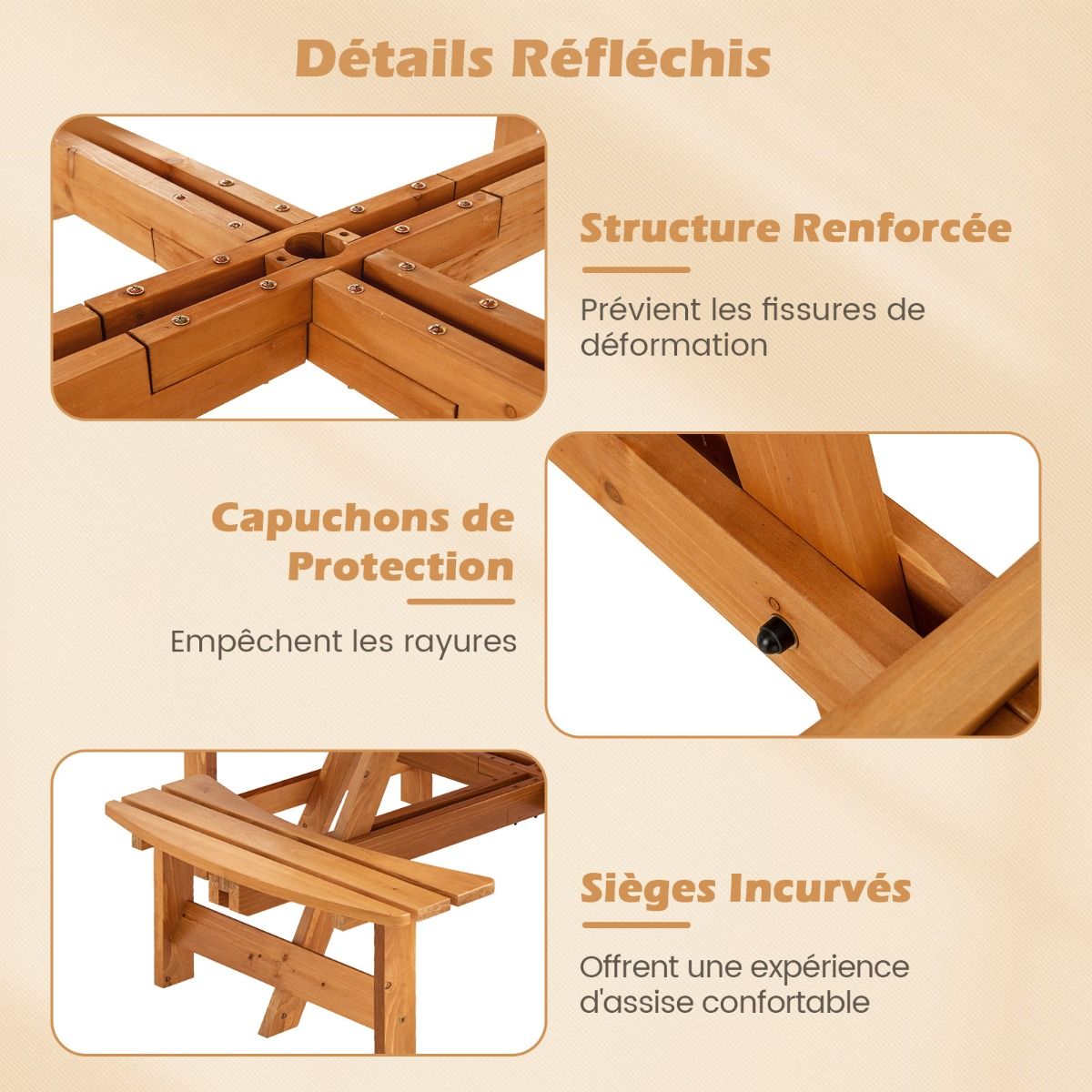 Ensemble Table de Pique-Nique en Bois pour 2  8 Personnes Set Table et Banc Circulaire avec 4 Bancs Intgrs Trou de Parasol de 5cm Marron/Jaune -