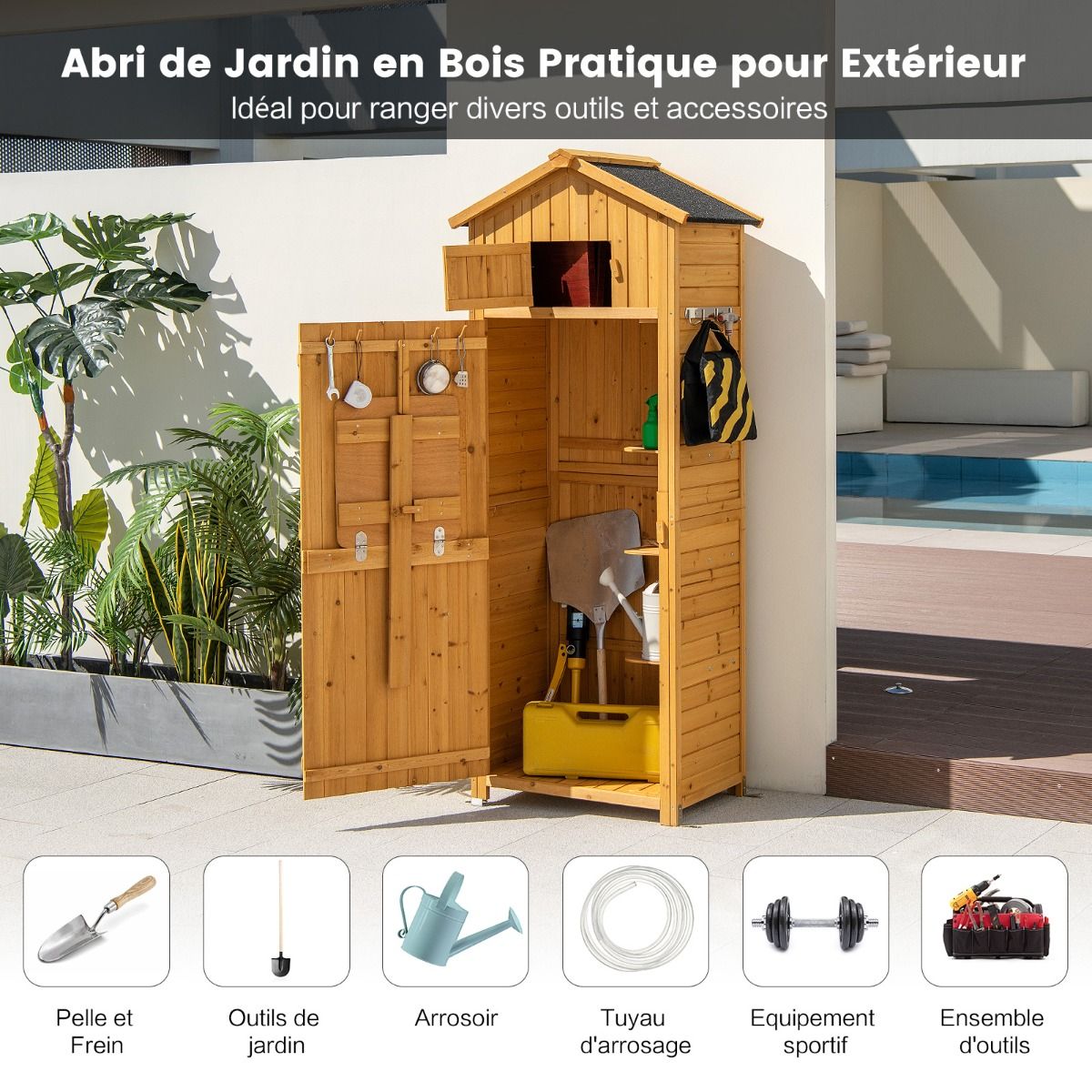 Armoire de Jardin en Bois Impermable avec Toit Abri de Jardin avec Table Pliable tagres et 8 Crochets 75x50x180,5CM -