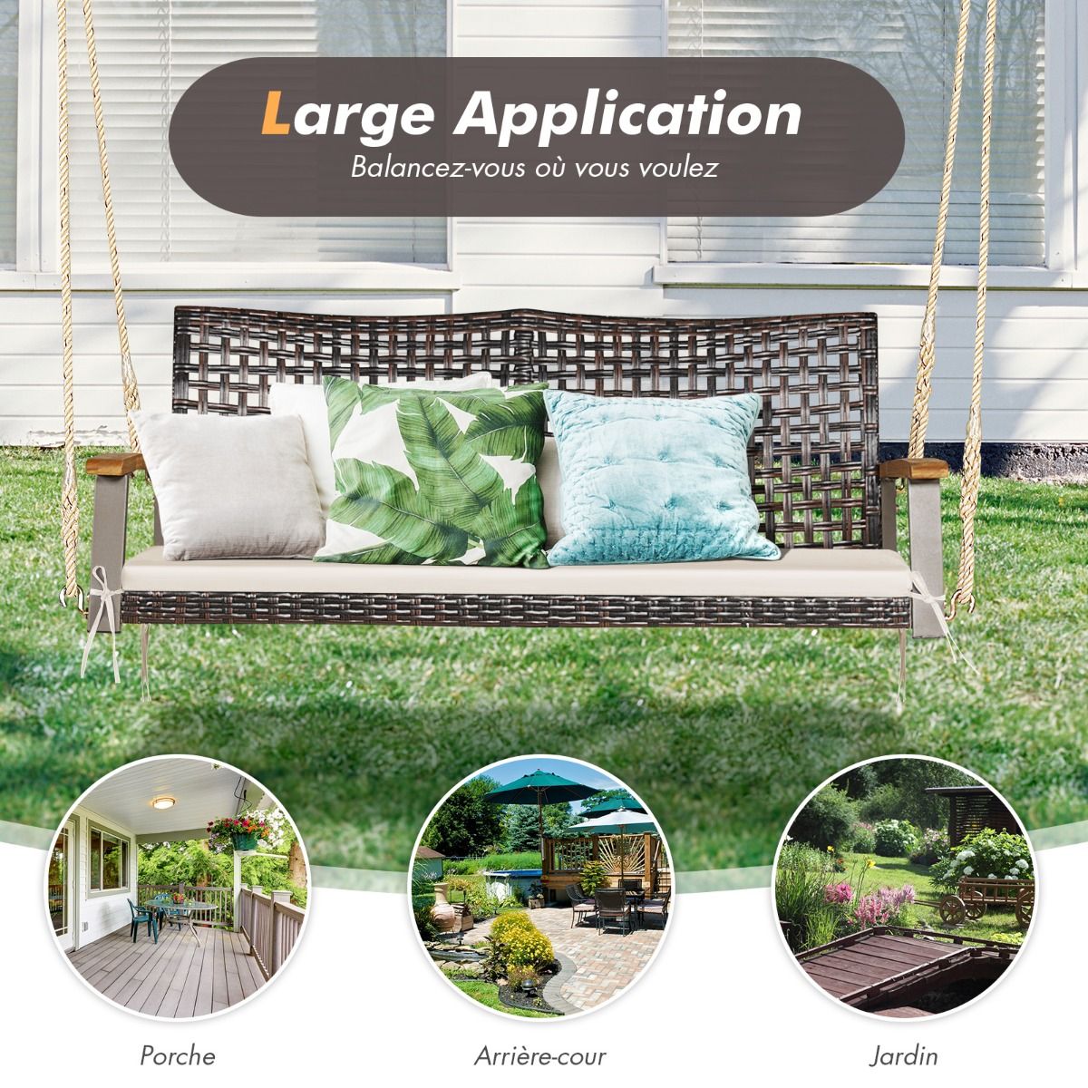 Banc Suspendu de Jardin en Rotin 2 Place Accoudoirs en Bois d'Acacia Cadre en Mtal Coussin Cordes Crochets Blanc/Noir -