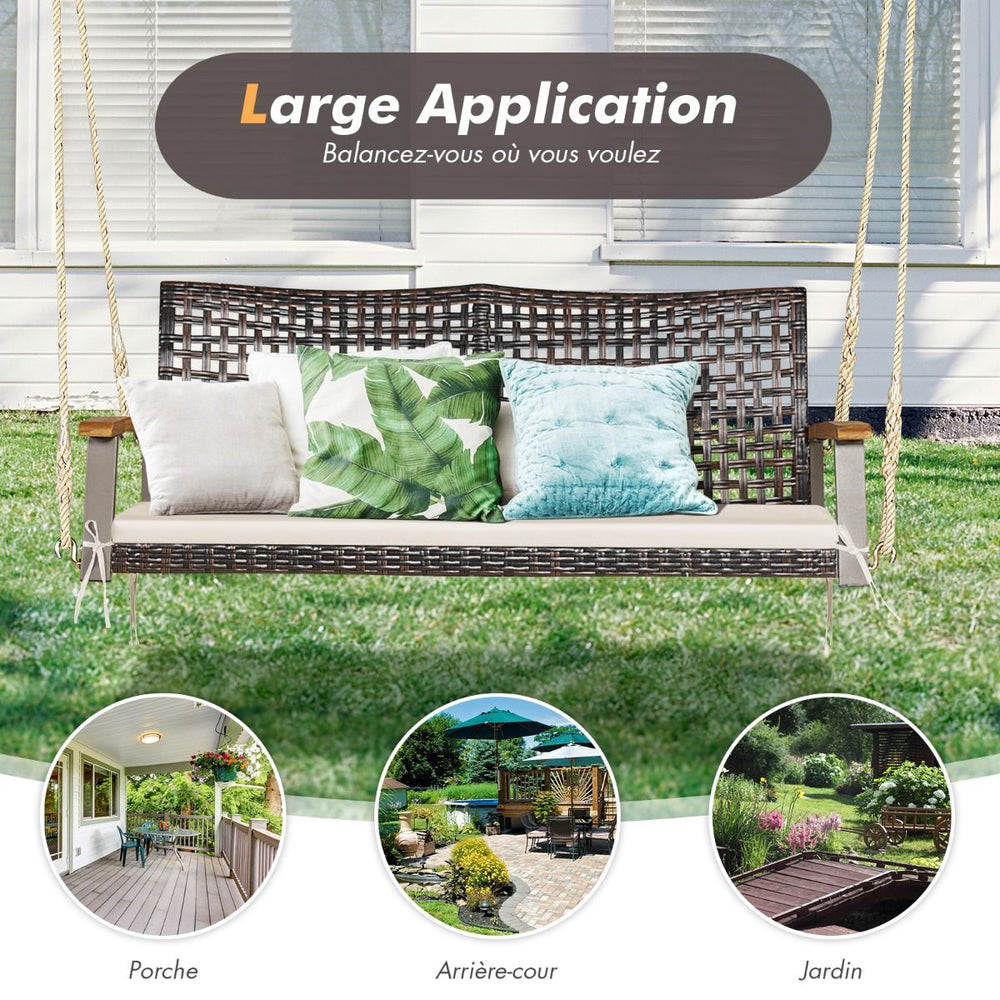 Banc Suspendu de Jardin en Rotin 2 Place Accoudoirs en Bois d'Acacia Cadre en Mtal Coussin Cordes Crochets Blanc/Noir -