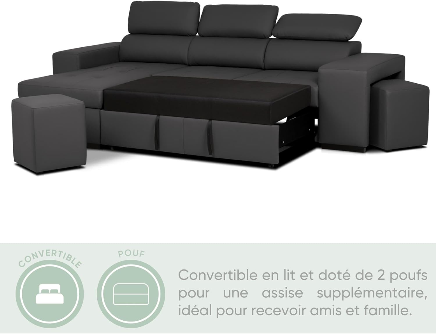BUDWING John Canapé-Lit d’Angle 4 Places – Chaise Longue Réversible, Têtières Réglables et 2 Poufs – Revêtement en Polyuréthane – Style Moderne – 263x161x96 cm – Noir