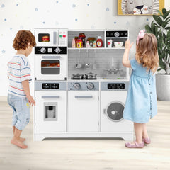Cuisine de Jeu pour 3 Ans et Plus Jouets de Cuisine en Bois avec Evier Robinet Distributeur d橢au Micro-ondes Four Ustensiles Blanc -