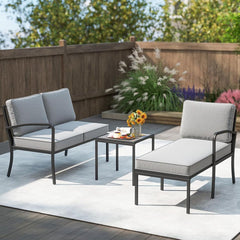 Ensemble Salon de Jardin 3 Pièces Ensemble de Canapé Rembourré d’Extérieur avec Table Basse Cadre en Métal Robuste Gris -
