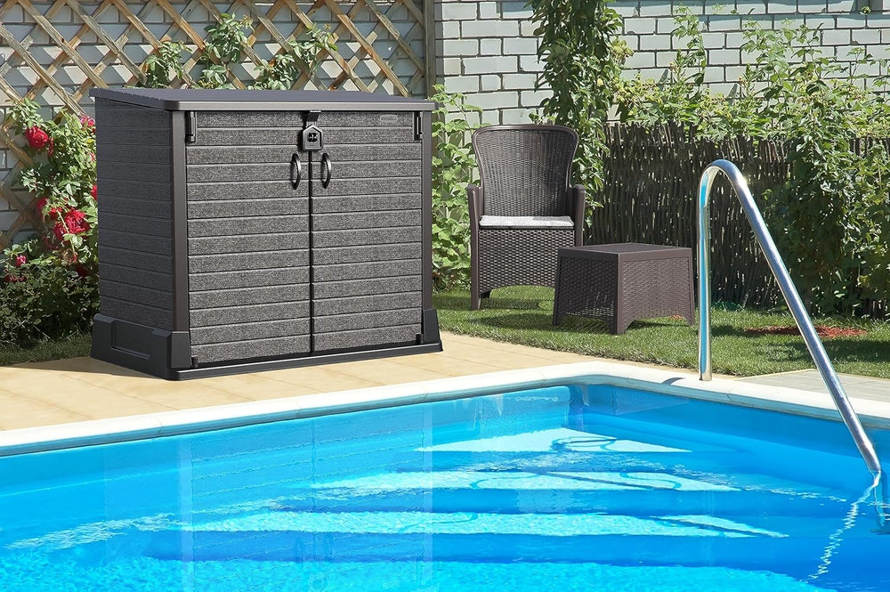 Duramax StoreAway 1200L Plastic Garden Shed/ Flat Lid,Outdoor Storage Shed,Wheelie Bin Hideaways,Wheelie bin box,Durable Construction,Ideal for Bikes,BBQs & 2x 240L Bins,145x85x125 cm,Brown