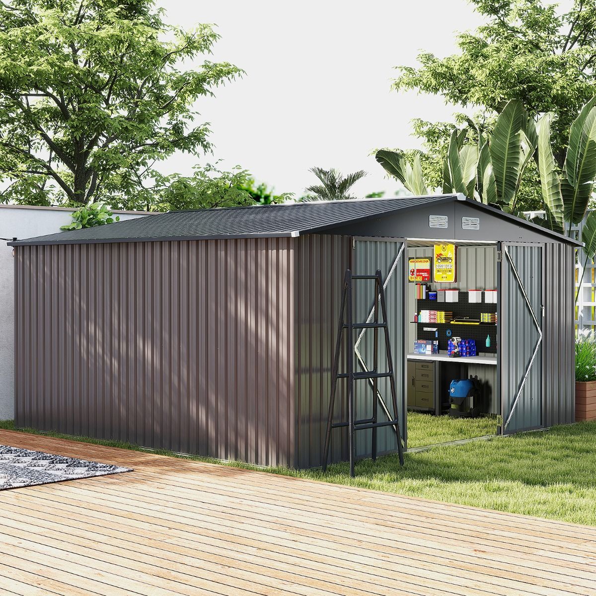 Abri de Stockage Extrieur Grand Hangar  Outils avec Design de Toit Inclin Portes Fermables avec Cls 4 Arations 350x350x198cm Gris -