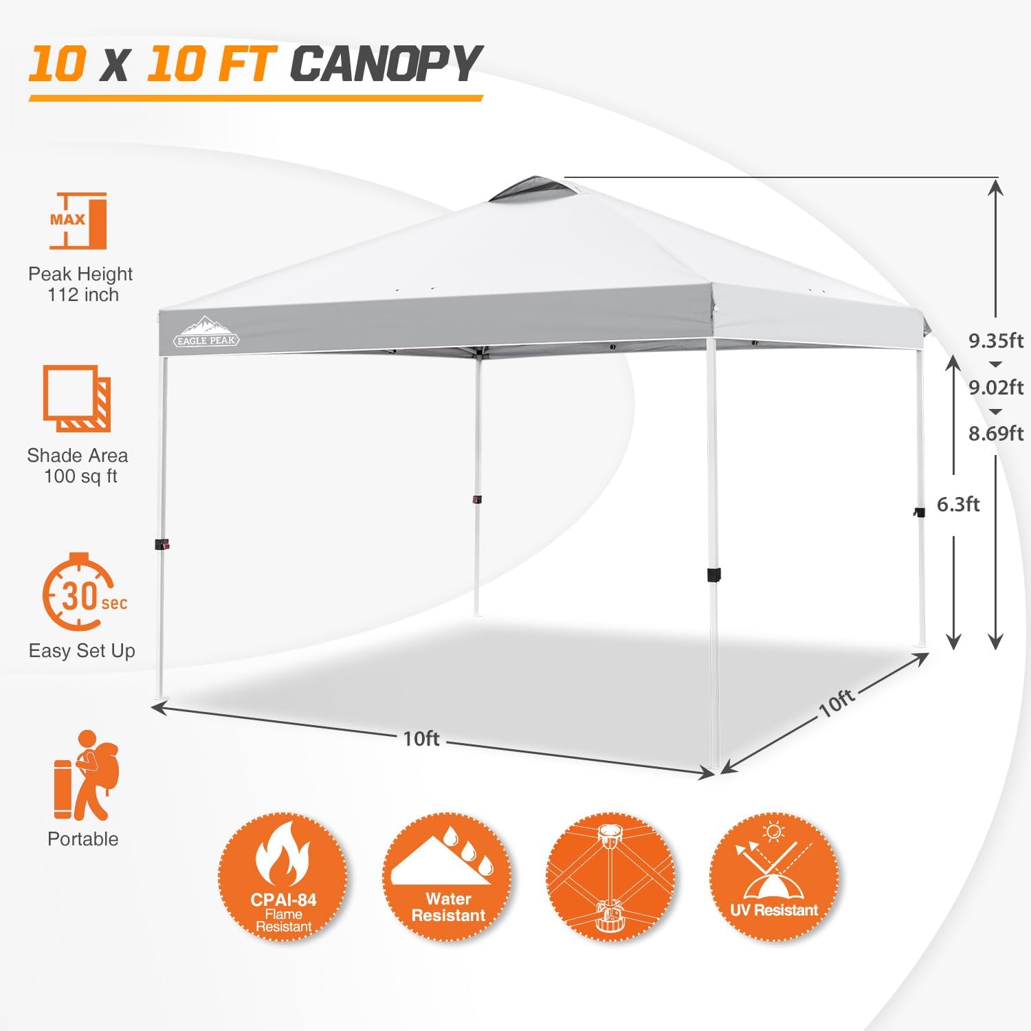 EAGLE PEAK Pop-up tonnelle de Jardin Pliable 3x3m, Tente Pliante avec Pieds Droits Hauteur réglable auvent pour Camping Plage Festival avec Sac à roulettes (Blanc)