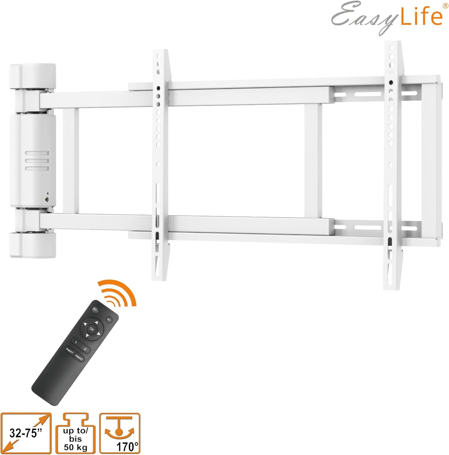 EasyLife Support TV Mural pivotant électriquement jusqu'à 170°, Support Mural VESA jusqu'à 600x400 pour LCD/OLED, téléviseur, Moniteur, écran, Smartboard de 32-75 Pouces & 50kg Max (Blanc)