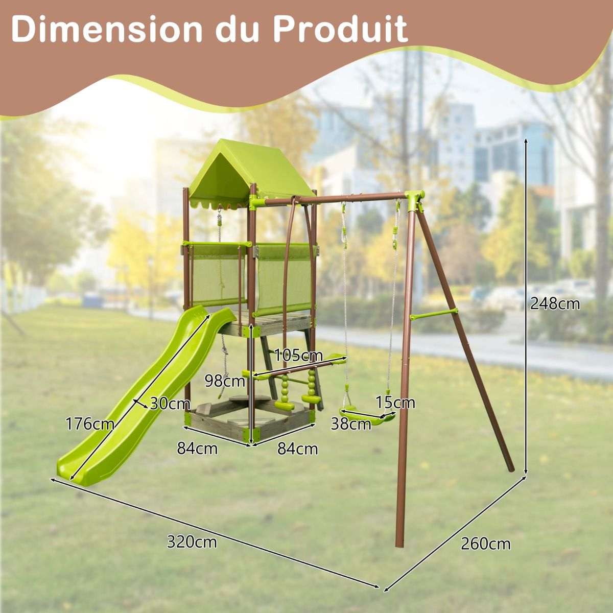 Balanoire 7-en-1 Aire de Jeu en Mtal avec Fort Couvert Rglable en Hauteur Corde d'Escalade Bac  Sable Glisseur Toboggan Ondul Vert -