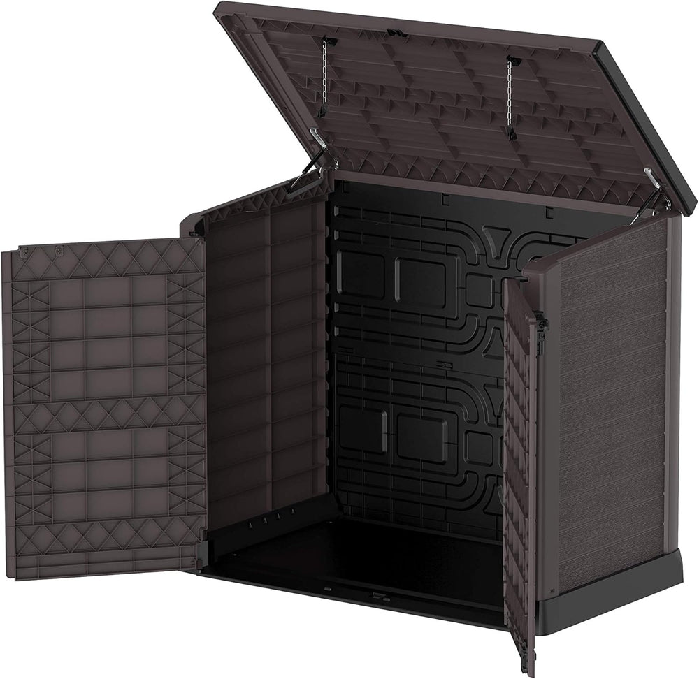 Duramax StoreAway 1200L Plastic Garden Shed/ Flat Lid,Outdoor Storage Shed,Wheelie Bin Hideaways,Wheelie bin box,Durable Construction,Ideal for Bikes,BBQs & 2x 240L Bins,145x85x125 cm,Brown