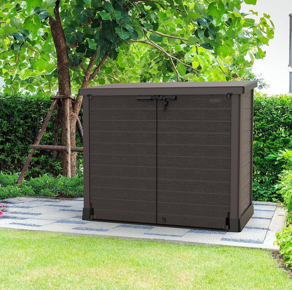 Duramax StoreAway 1200L Plastic Garden Shed/ Flat Lid,Outdoor Storage Shed,Wheelie Bin Hideaways,Wheelie bin box,Durable Construction,Ideal for Bikes,BBQs & 2x 240L Bins,145x85x125 cm,Brown
