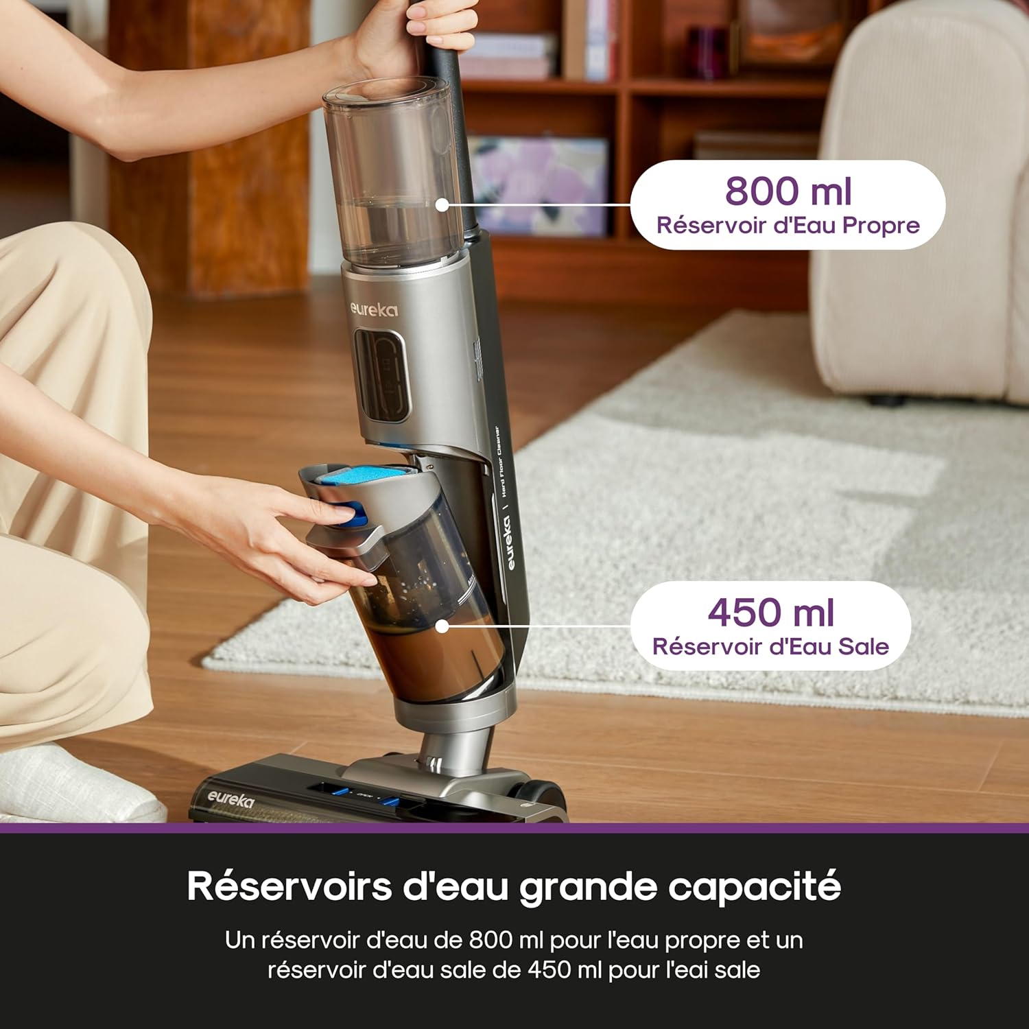 Eureka Rapidwash NEW430 Aspirateur Laveur sans Fil, 15000Pa, 0.8L/0.45L Double Réservoir pour Sols Durs et Poils d'Animaux, avec Navigation Vocale, Auto Nettoyage et Séchage