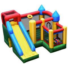 Ch芒teau Gonflable 4 en 1 pour Enfant 3-10 Ans avec Toboggan Aire de Saut Mur d橢scalade Panier de Basketball -