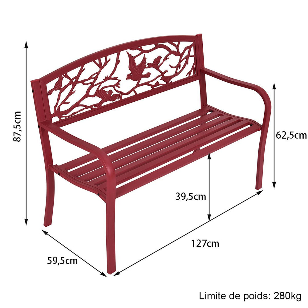 Banc de Jardin en Fer Rsistant de Haute Qualit Style Contemporain 2-3 Places Parfait pour Extrieur 127x60x88cm Rouge -