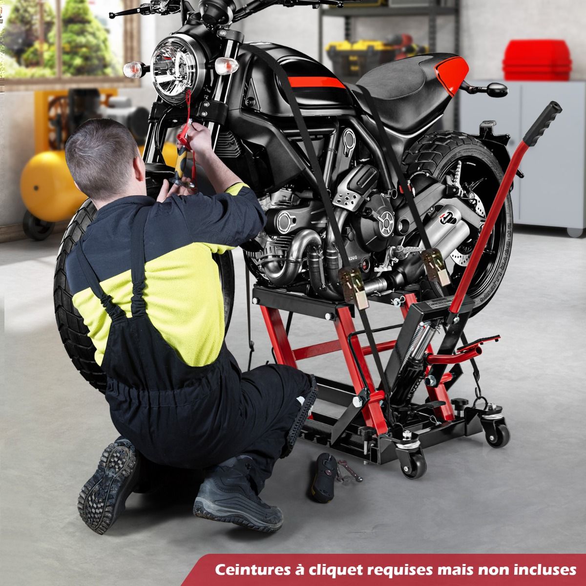 Cric Hydraulique pour Moto Capacité de 680 kg Table Élévatrice Moto Plateforme Réglable en Hauteur sur 3 Niveaux Rouge/Noir -