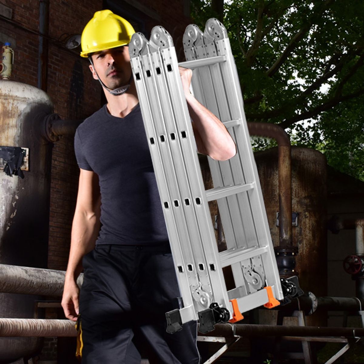 Échelle Polyvalente 5 en 1 avec 2 Montants 4 Plis 15 Echelons Pliable et Multifonction Capacité 150kg en Aluminium -