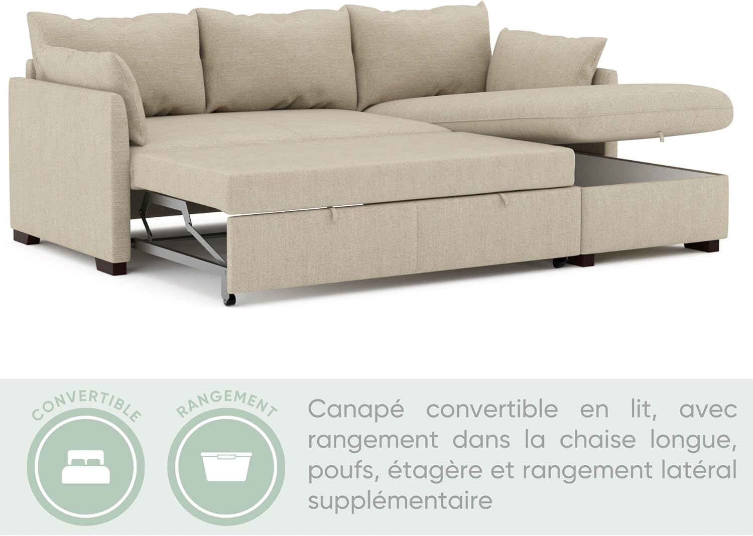 BUDWING Orlando Canapé Convertible d'angle Lit Chaise Longue Coffre Réversible Droite et Gauche Beige
