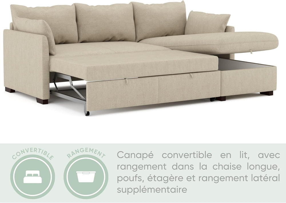 BUDWING Orlando Canapé Convertible d'angle Lit Chaise Longue Coffre Réversible Droite et Gauche Beige
