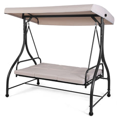 Balancelle d'Extérieur Convertible Jardin Porche Avec Sièges à Coussins Auvent Réglable et Cadre en Métal Enduit Hamac 3 Places Beige -