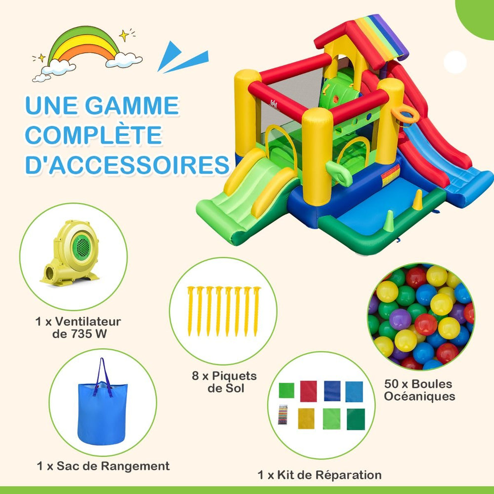 Château Gonflable à Thème Arc-en-ciel 7 en 1 avec Ventilateur Double Toboggans Piscine à Balles Panier de Basket Charge 90kg -
