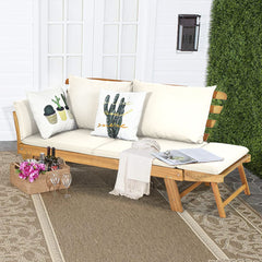 Chaise Longue Convertible avec Coussin Canapé de Jardin 2 en 1 en Bois d’Acacia avec Accoudoir Réglable pour Patio Piscine Jardin Blanc/Gris/Bleu/Rouge -