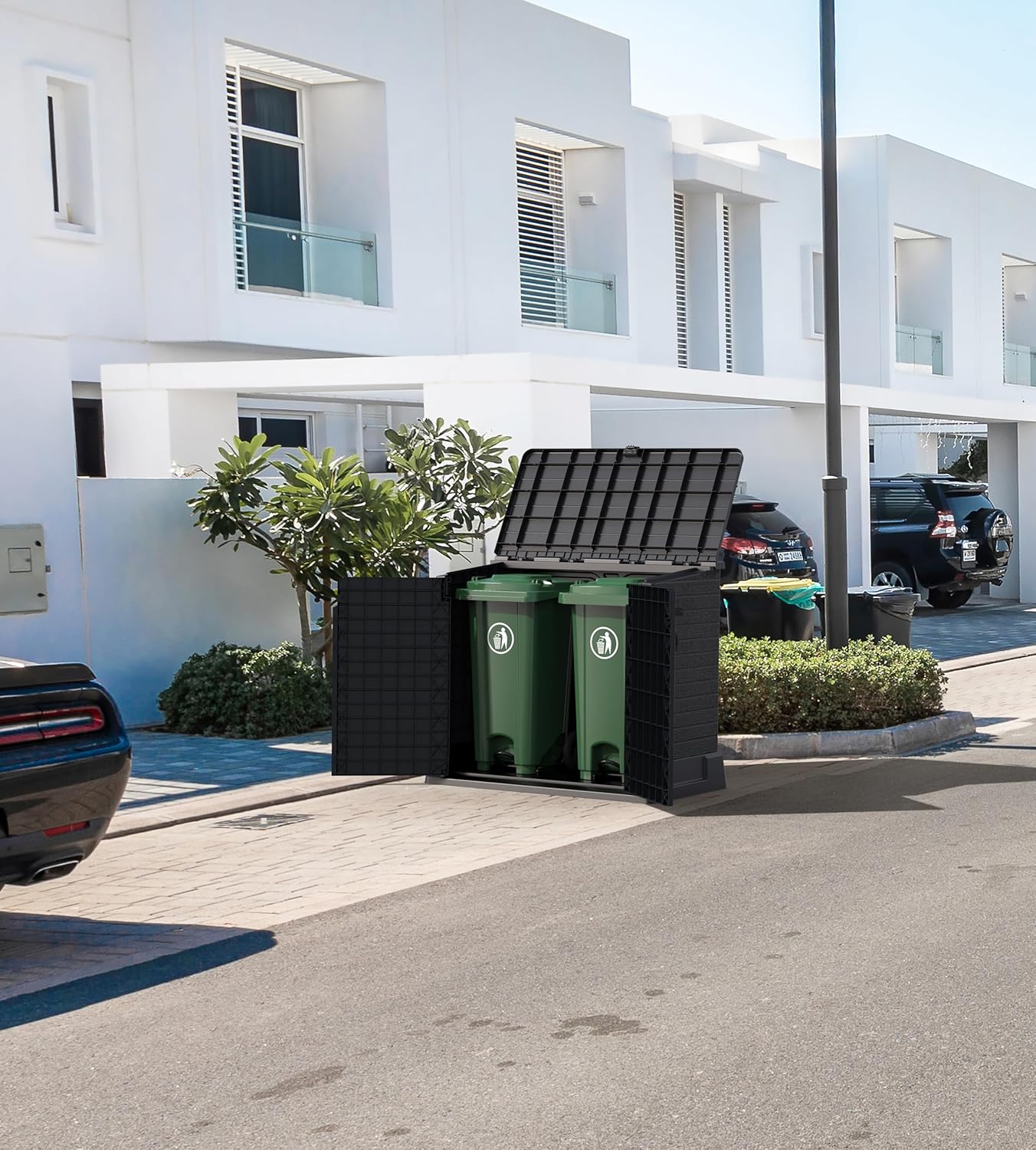 Duramax StoreAway 1200L Plastic Garden Shed/ Flat Lid,Outdoor Storage Shed,Wheelie Bin Hideaways,Wheelie bin box,Durable Construction,Ideal for Bikes,BBQs & 2x 240L Bins,145x85x125 cm,Brown