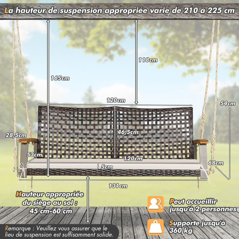 Banc Suspendu de Jardin en Rotin 2 Place Accoudoirs en Bois d'Acacia Cadre en Mtal Coussin Cordes Crochets Blanc/Noir -