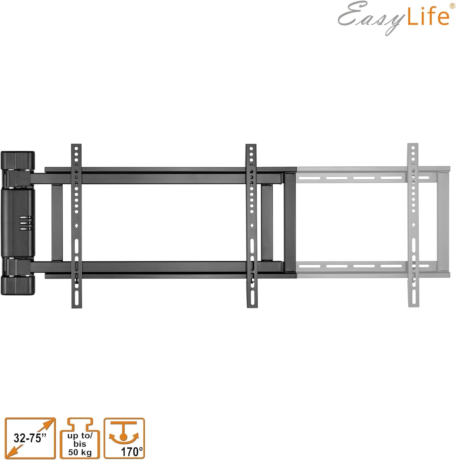 EasyLife Support TV Mural pivotant électriquement jusqu'à 170°, Support Mural VESA jusqu'à 600x400 pour LCD/OLED, téléviseur, Moniteur, écran, Smartboard de 32-75 Pouces & 50kg Max (Blanc)