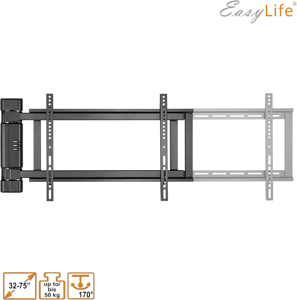 EasyLife Support TV Mural pivotant électriquement jusqu'à 170°, Support Mural VESA jusqu'à 600x400 pour LCD/OLED, téléviseur, Moniteur, écran, Smartboard de 32-75 Pouces & 50kg Max (Blanc)