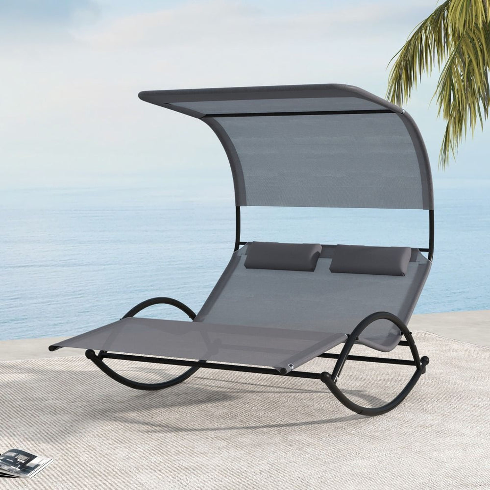 Chaise Longue Double Chaise  Bascule pour 2 Personnes 2 Appui-T锚tes Amovibles Cadre en Mtal Robuste Lit de Repos Ergonomique 2 Places Gris/Noir/Beige -