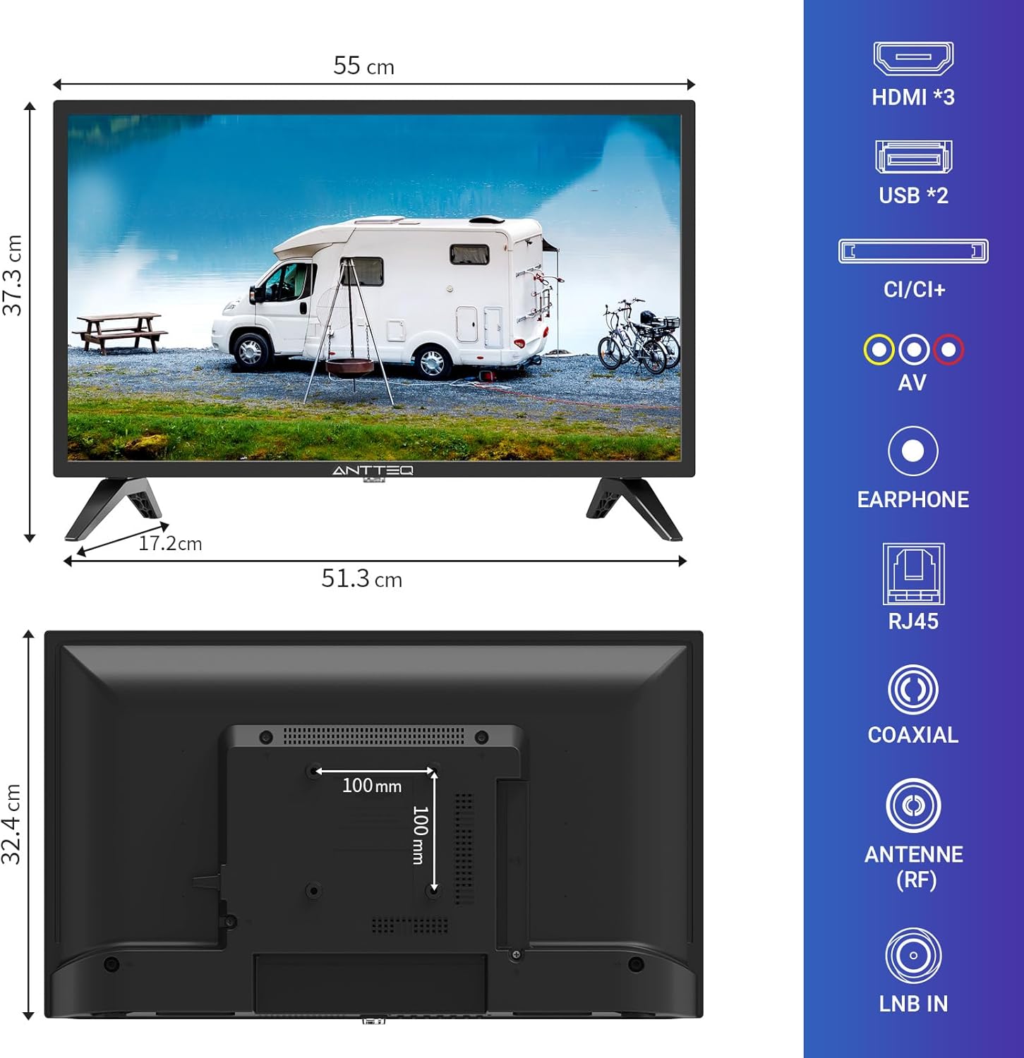 Antteq G24 Smart TV 24 Pouces (60 cm) Television 220/12V Bluetooth compatibilité avec Google Assistant Triple Tuner (DVB-S2/T2/C) WiFi Bluetooth HDMI USB Miroir d’Écran Idéal Camping
