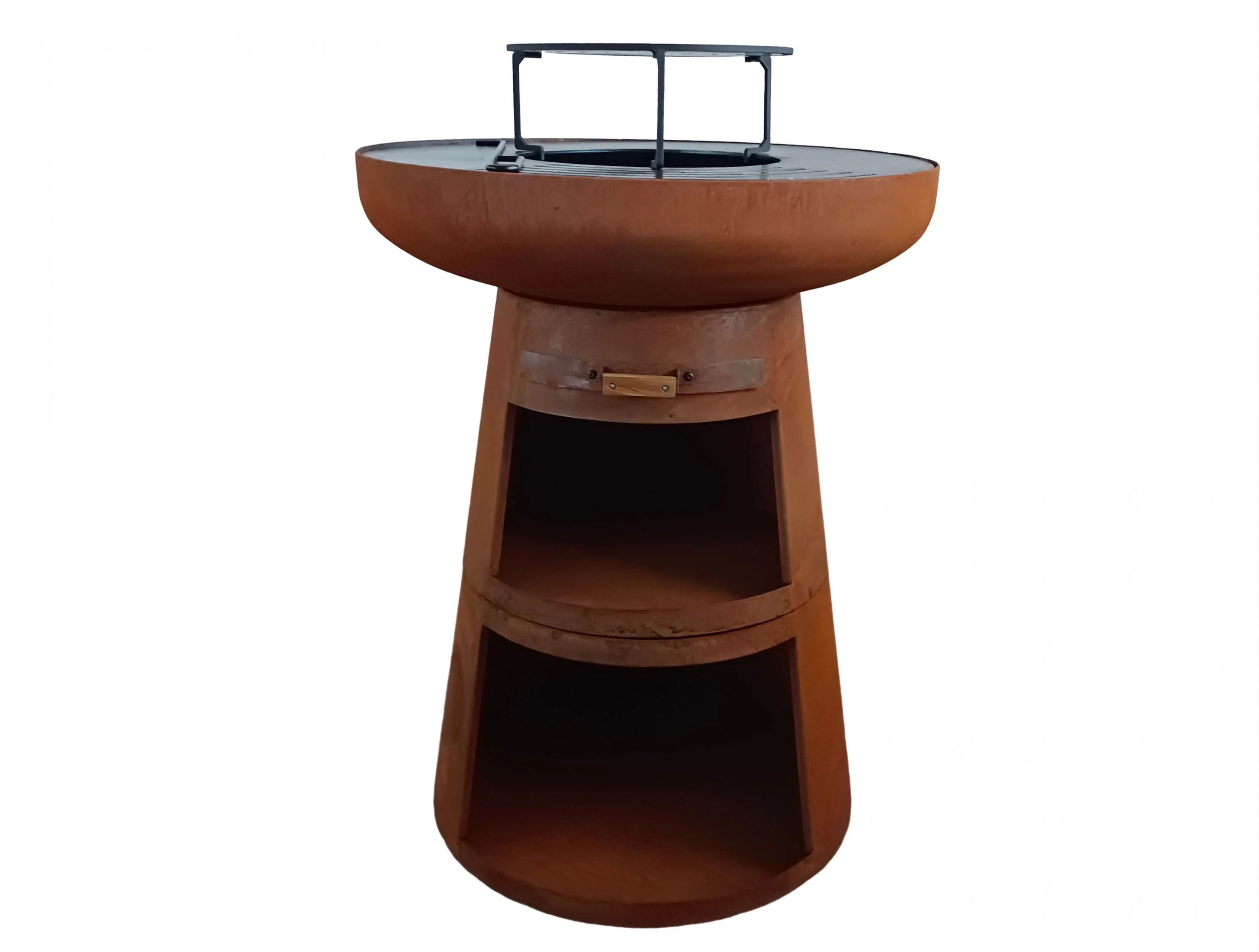Barbecue rond avec plaque ronde en acier et grille en acier corten -