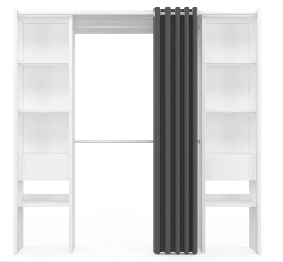Dressing Extensible Blanc & Gris avec Rideau - tagres - Double Penderie -