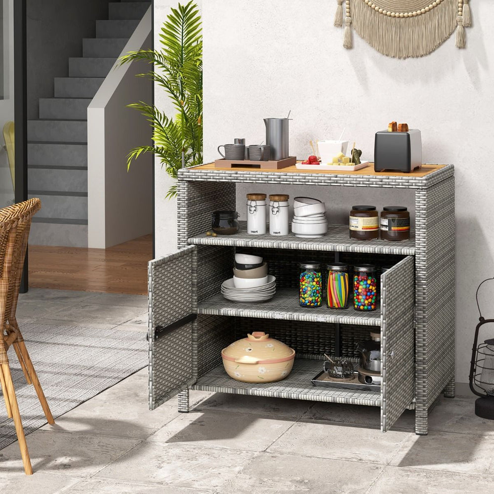 Armoire de Rangement Exterieur en Rotin Armoire de Jardin avec Plateau en Bois d'Acacia Compartiment Ouvert Buffet  2 Portes -