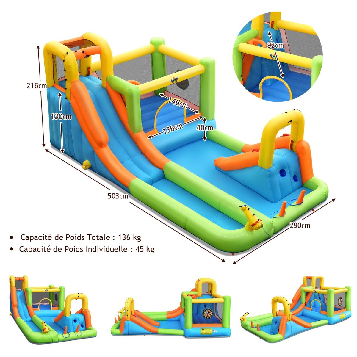 Château Gonflable 8 en 1 avec 2 Toboggans Parc Aquatique avec Maison de Saut Charge 135kg pour 3 Enfants de 3-10 Ans -