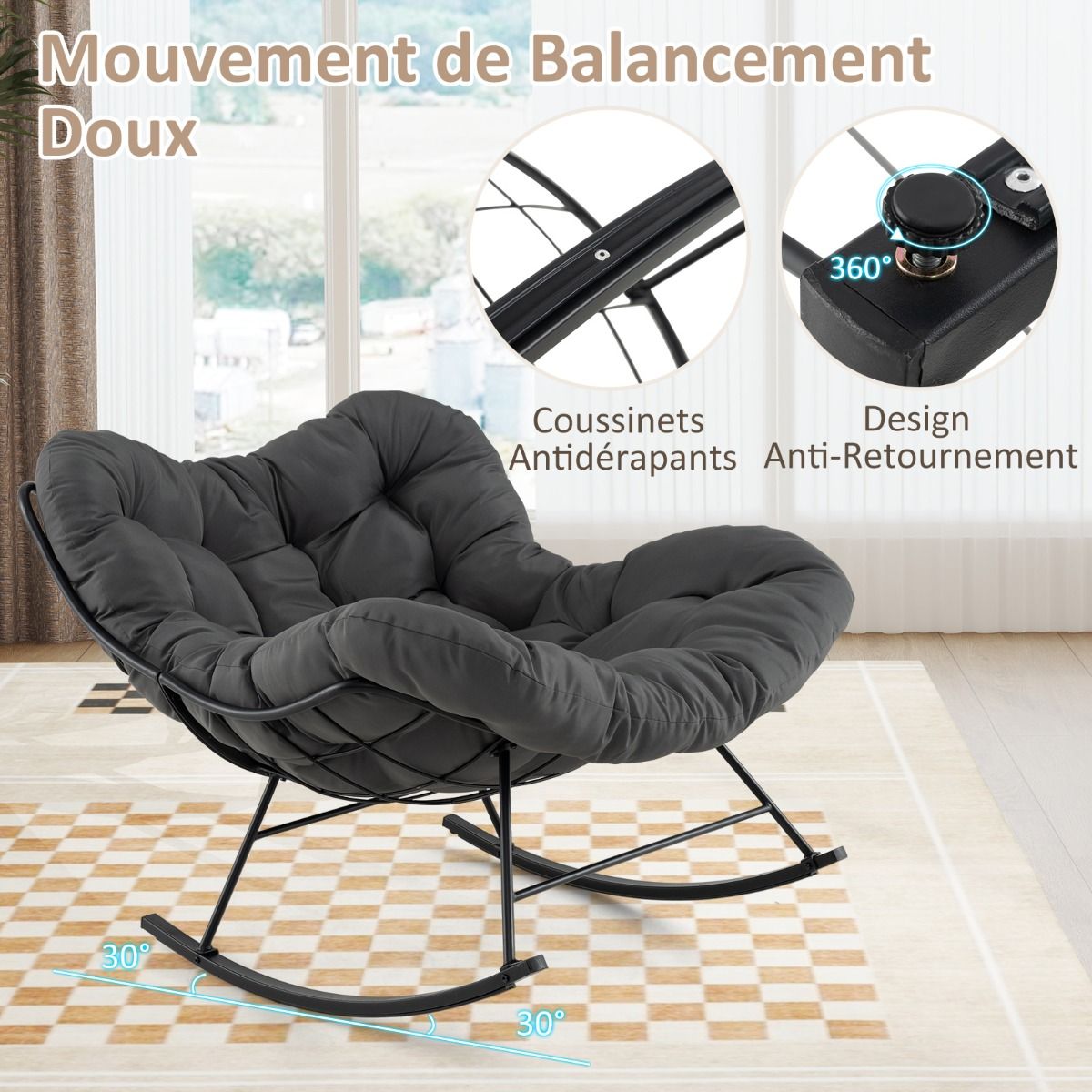 Chaise à Bascule d'Intérieur et d'Extérieur Chaise Papasan Surdimensionnée avec Coussin Rembourré & Cadre en Métal Capacité 205 Kg Gris -
