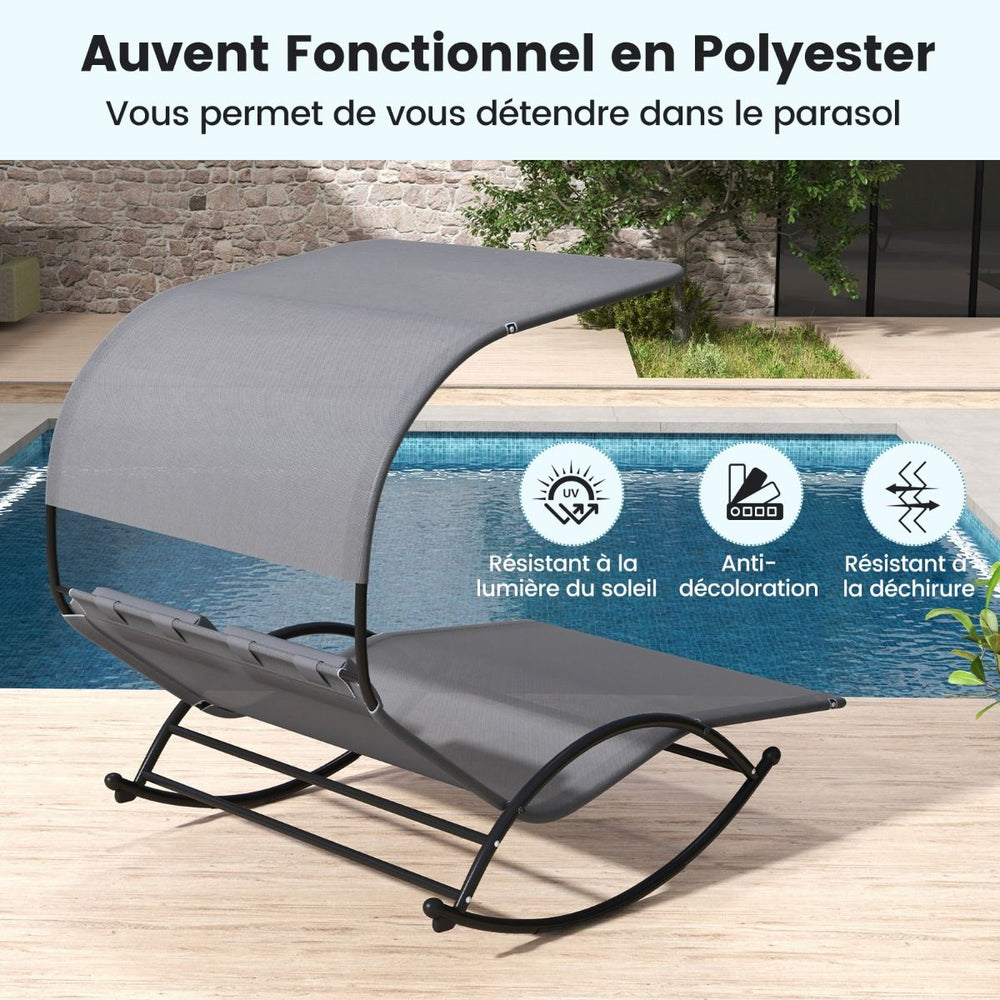 Chaise Longue Double Chaise  Bascule pour 2 Personnes 2 Appui-T锚tes Amovibles Cadre en Mtal Robuste Lit de Repos Ergonomique 2 Places Gris/Noir/Beige -