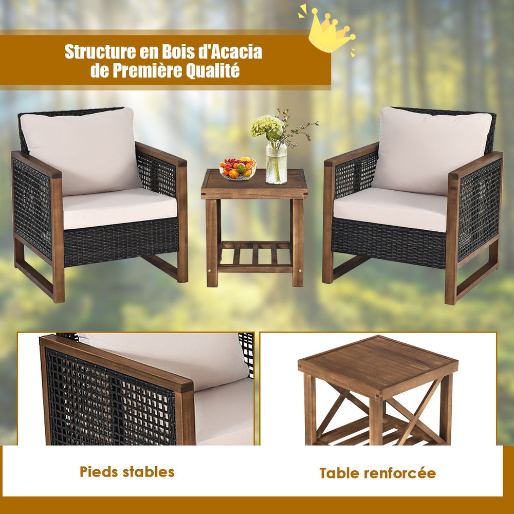 Ensemble Salon de Jardin en Bois d'Acacia Rotin Artisanal Anti-soleil Résistant aux Intempéries pour Porche Balcon Terrasse -