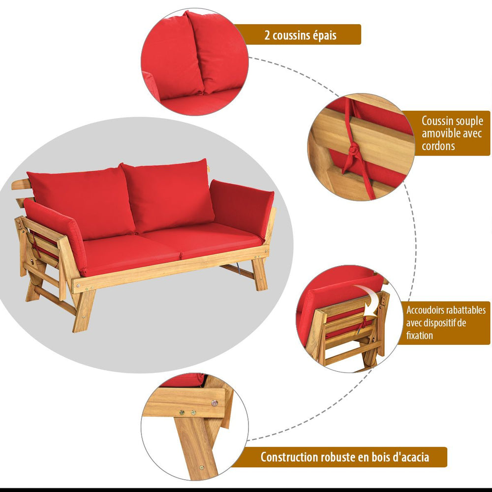 Chaise Longue Convertible avec Coussin Canapé de Jardin 2 en 1 en Bois d’Acacia avec Accoudoir Réglable pour Patio Piscine Jardin Blanc/Gris/Bleu/Rouge -