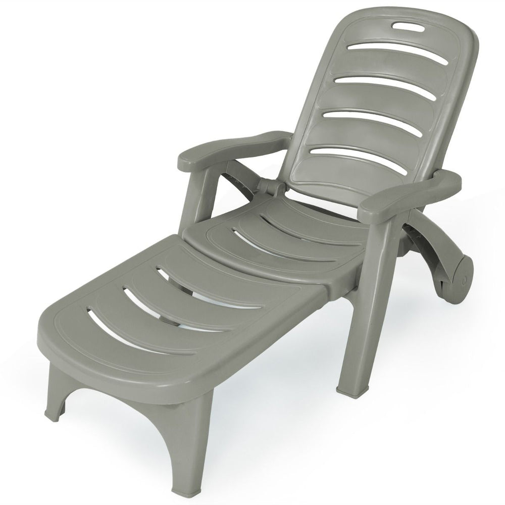 Chaise Longue Pliable Dossier Inclinable à 5 Positions avec Roues Intégrées pour Terrasse Jardin Piscine 150 kg Gris/Blanc/Bleu -