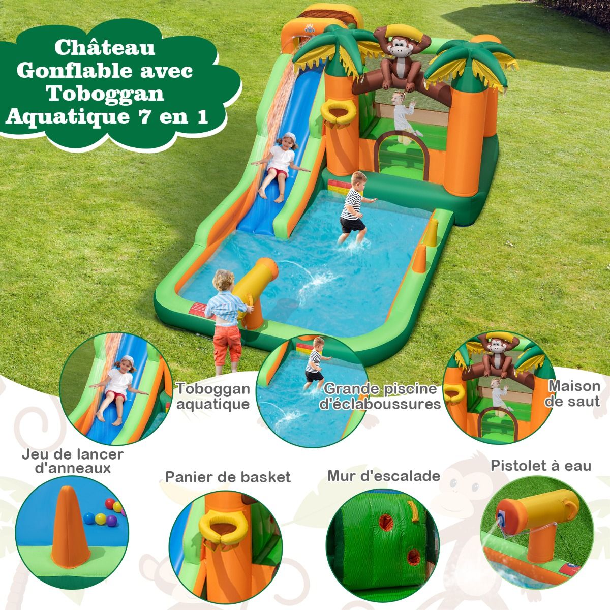 7 en 1 Ch芒teau Gonflable Tropical  Thme Singe & Palmier avec Toboggan Aquatique avec Piscine & 50 Boules Charge 90kg pour 2 Enfants de 3-10 Ans -