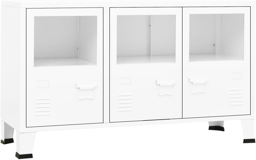 vidaXL Buffet Industriel Armoire Latérale Meuble de Rangement Armoire de Rangement Salle de Séjour Maison Intérieur Blanc 105x35x62 cm Métal et Verre