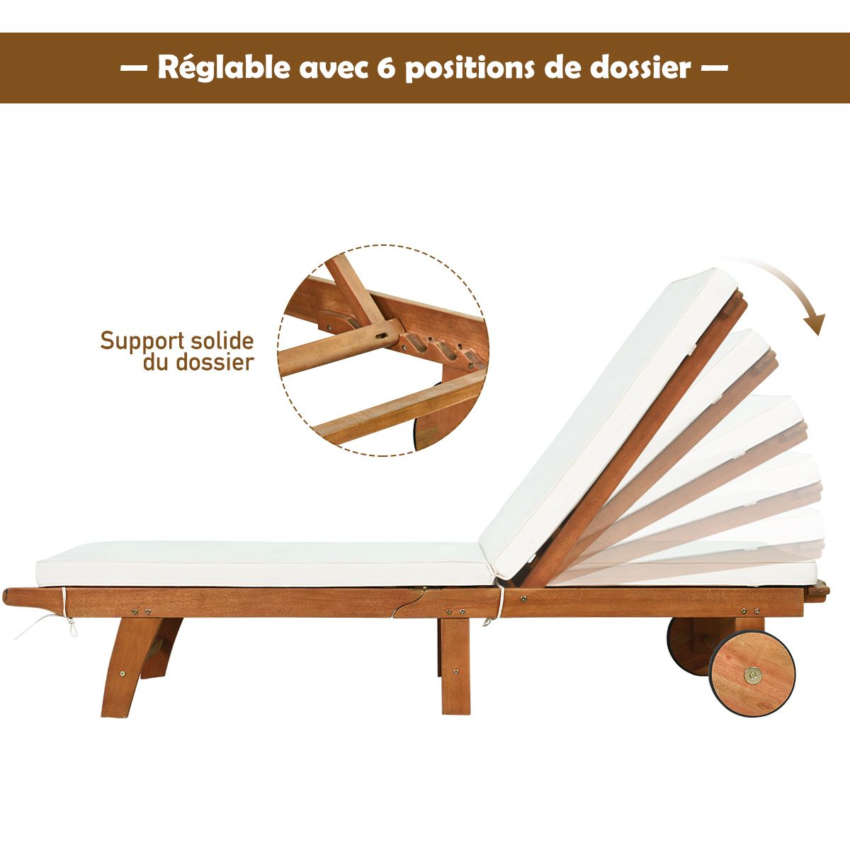 Chaise Longue Pliable en Bois avec 2 Roues et un Coussin Amovible Dossier Rglable Capacit Portante 160KG Idal pour L檈xtrieur -