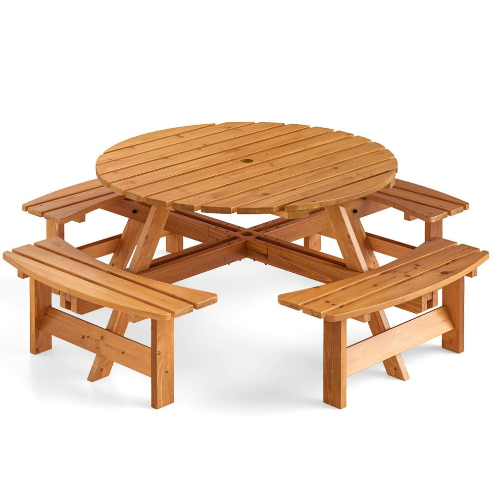 Ensemble Table de Pique-Nique en Bois pour 2 à 8 Personnes Set Table et Banc Circulaire avec 4 Bancs Intégrés Trou de Parasol de 5cm Marron/Jaune -