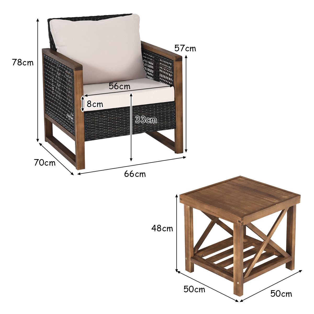 Ensemble Salon de Jardin en Bois d'Acacia Rotin Artisanal Anti-soleil Résistant aux Intempéries pour Porche Balcon Terrasse -