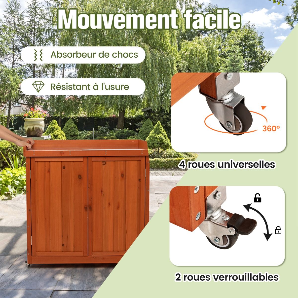 Costwy Rangement de Jardin Armoire en Bois Table de Jardinage avec Etagère Amovible 4 Roues Universelles Plateau en Acier Galvanisé -